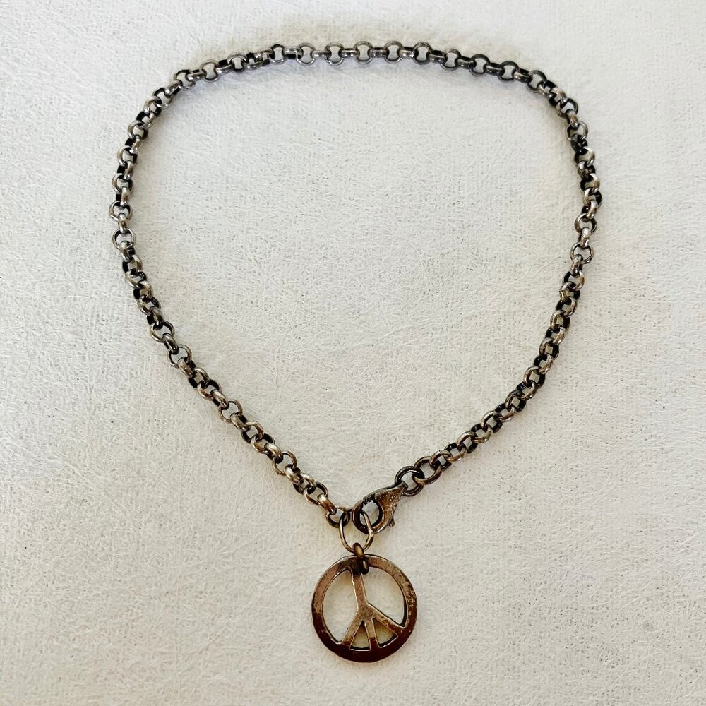 Peace Symbol Charm Bracelet Antique Silver Tone Metal Link Chain 7.5" Vintage